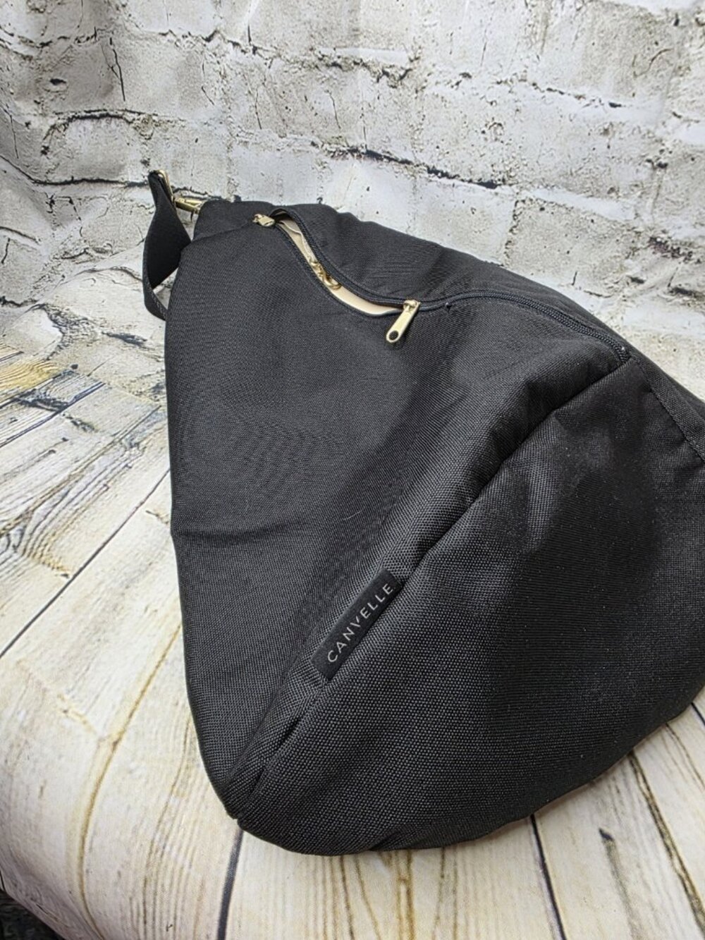 Canvelle Black Crossbody Sling Bag Gold Tone Trim Pockets Appx 18" Long